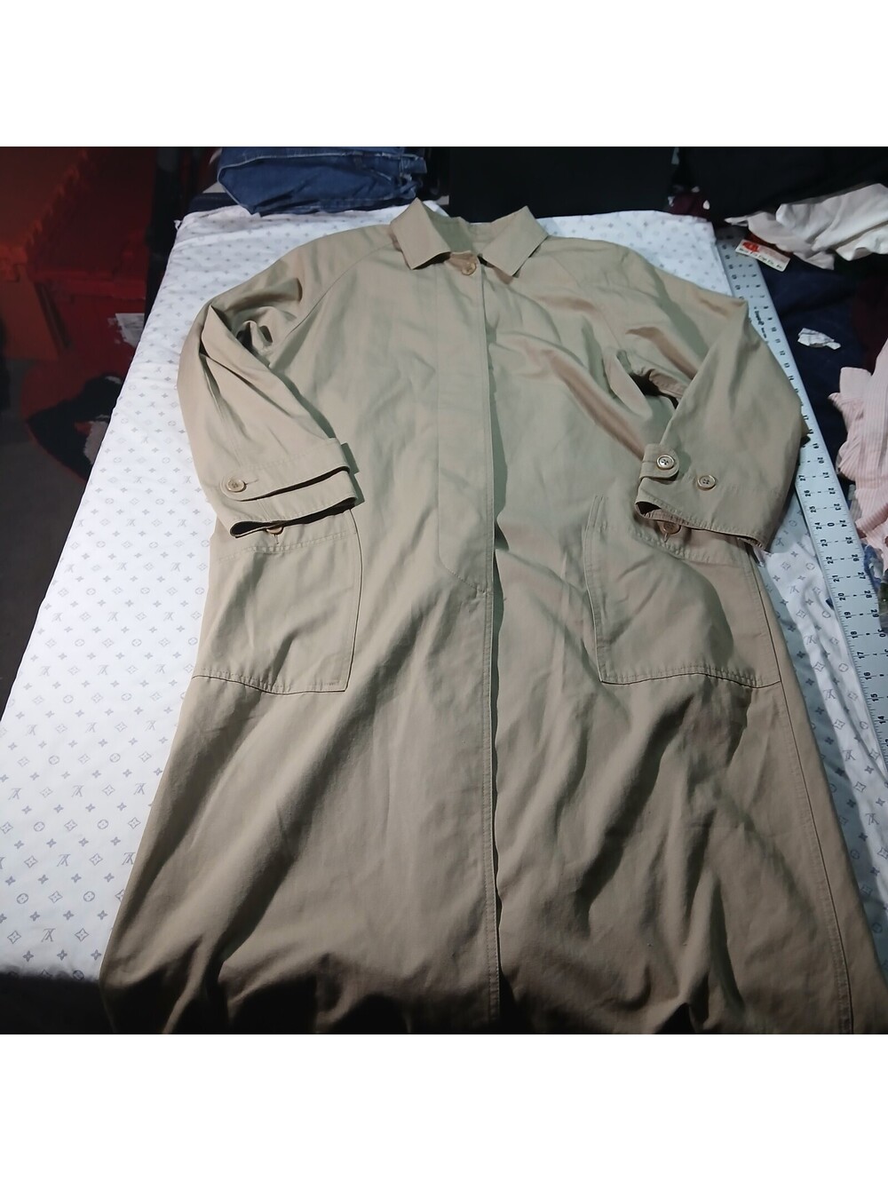 Eddie Bauer Khaki Long Trench Coat Button Front Classic Tan Womens Large
